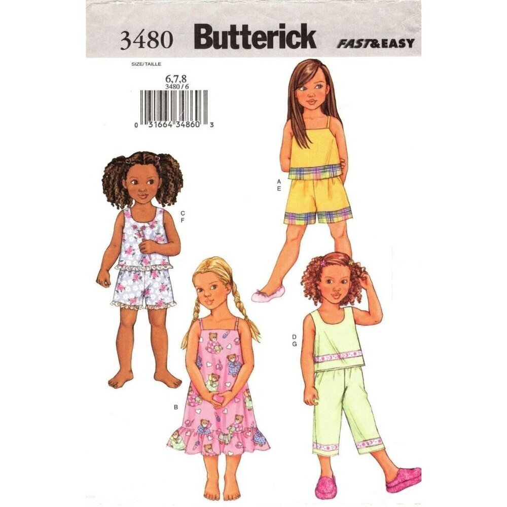 Butterick Sewing Pattern 3480 Girls Top Gown Shorts Pants‎ Size 6-8